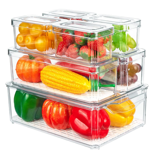 Set of 7 Refrigerator Organizer Bins,  Fruit Containers for Fridge with Drain Tray for Vegetables, Food, Drinks