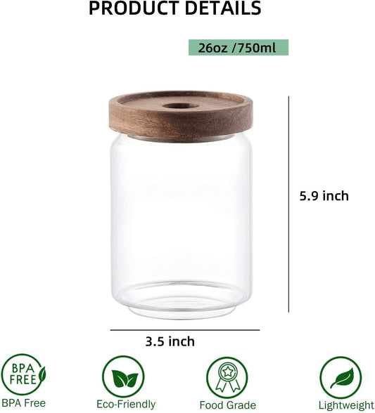 Glass Storage Jar with Wood Lid, Airtight Glass Food Jar Canister, Clear Kitchen Food Storage Containers for Flour, Sugar, Coffee Beans, Candy, Snack, Cookie and More (750Ml 26 FL OZ)